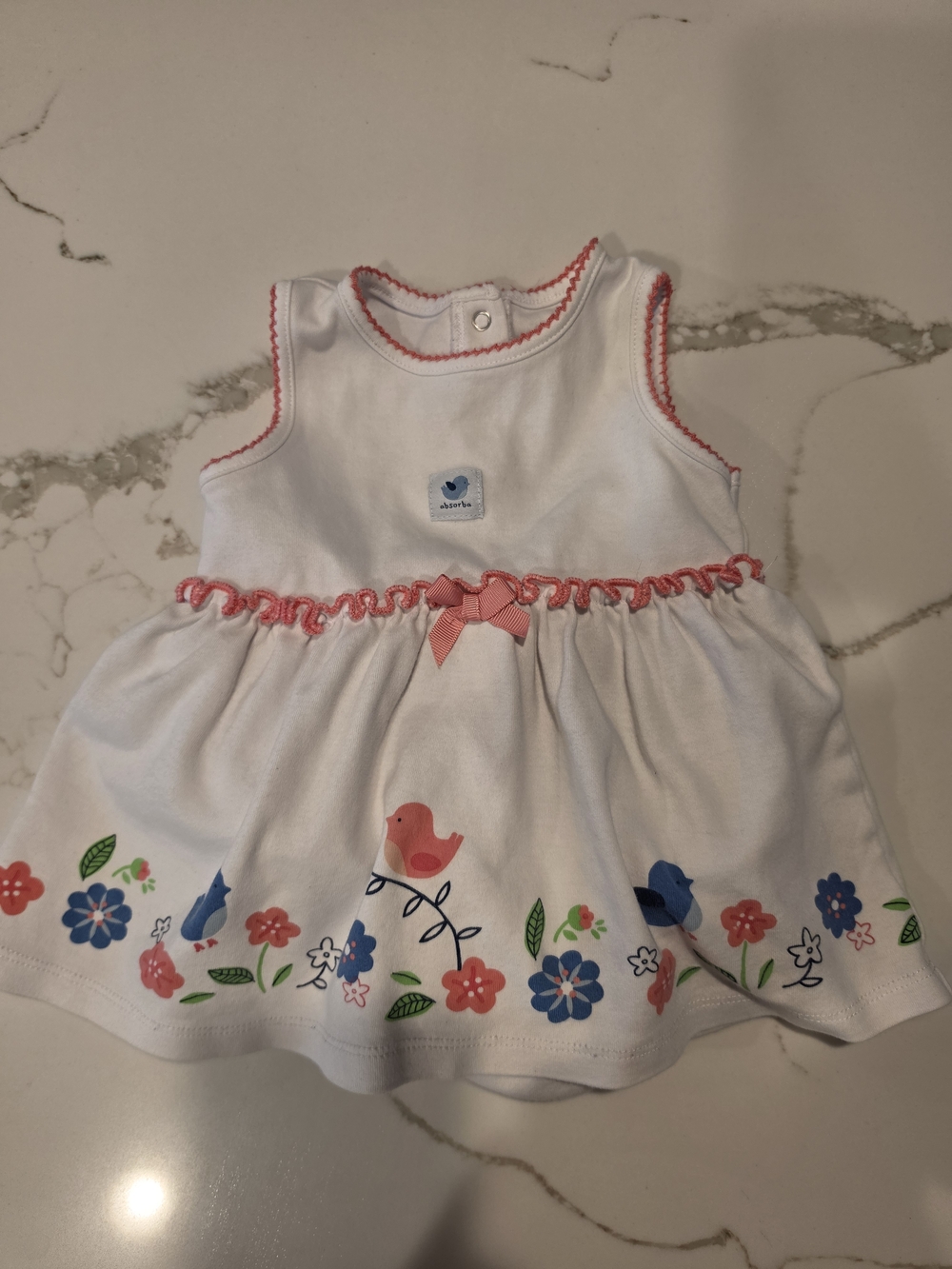 Absorba White Baby Dress with Pink Trim and Bird Floral Print
